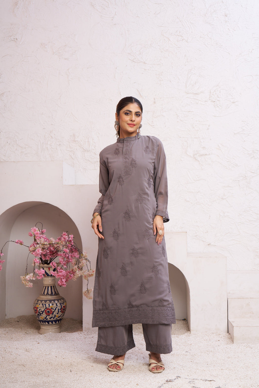 Jyoti Fashion Women's Grey Faux Georgette Embroidered Designer Kurta with Bottom - Distacart