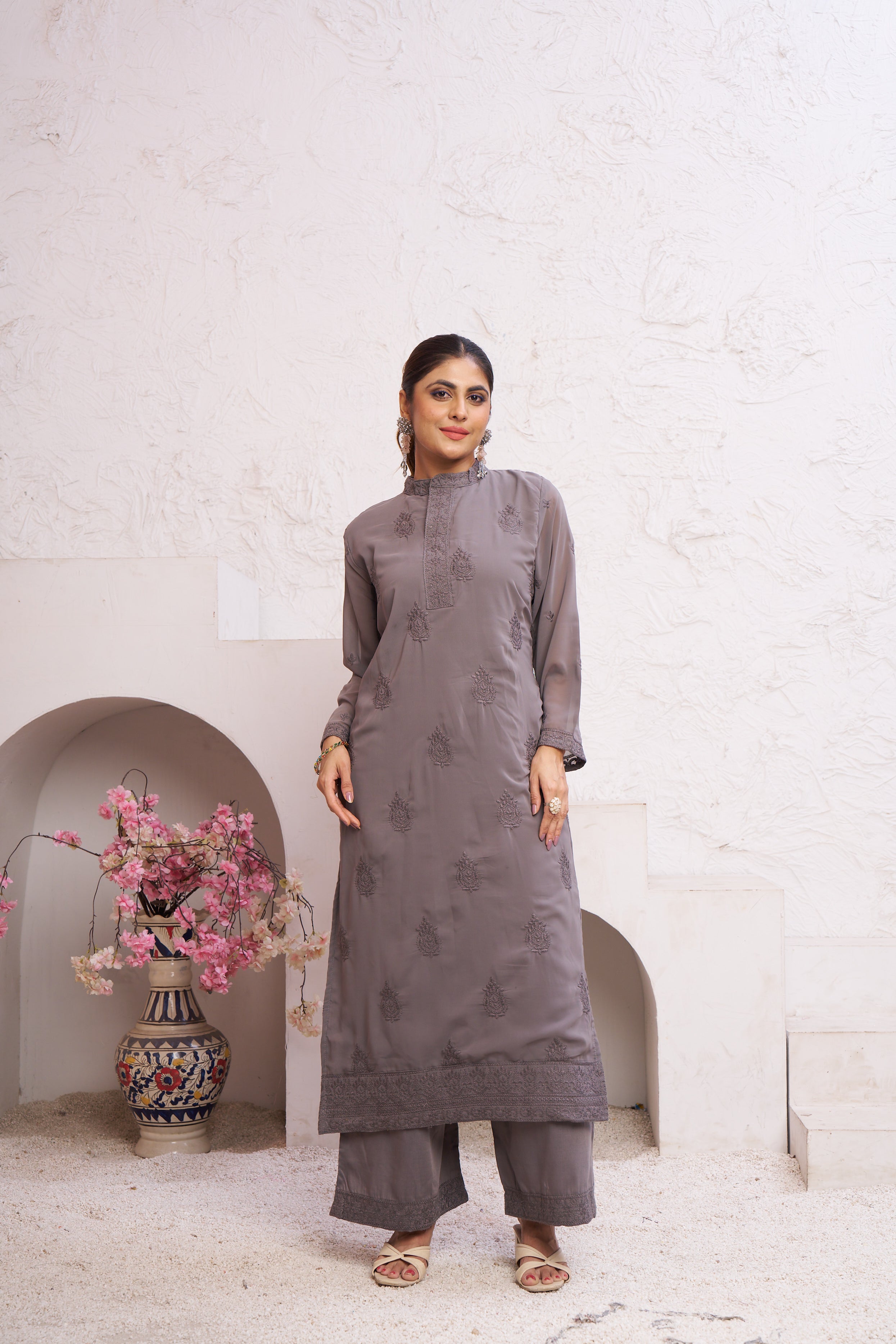 Jyoti Fashion Women's Grey Faux Georgette Embroidered Designer Kurta with Bottom - Distacart