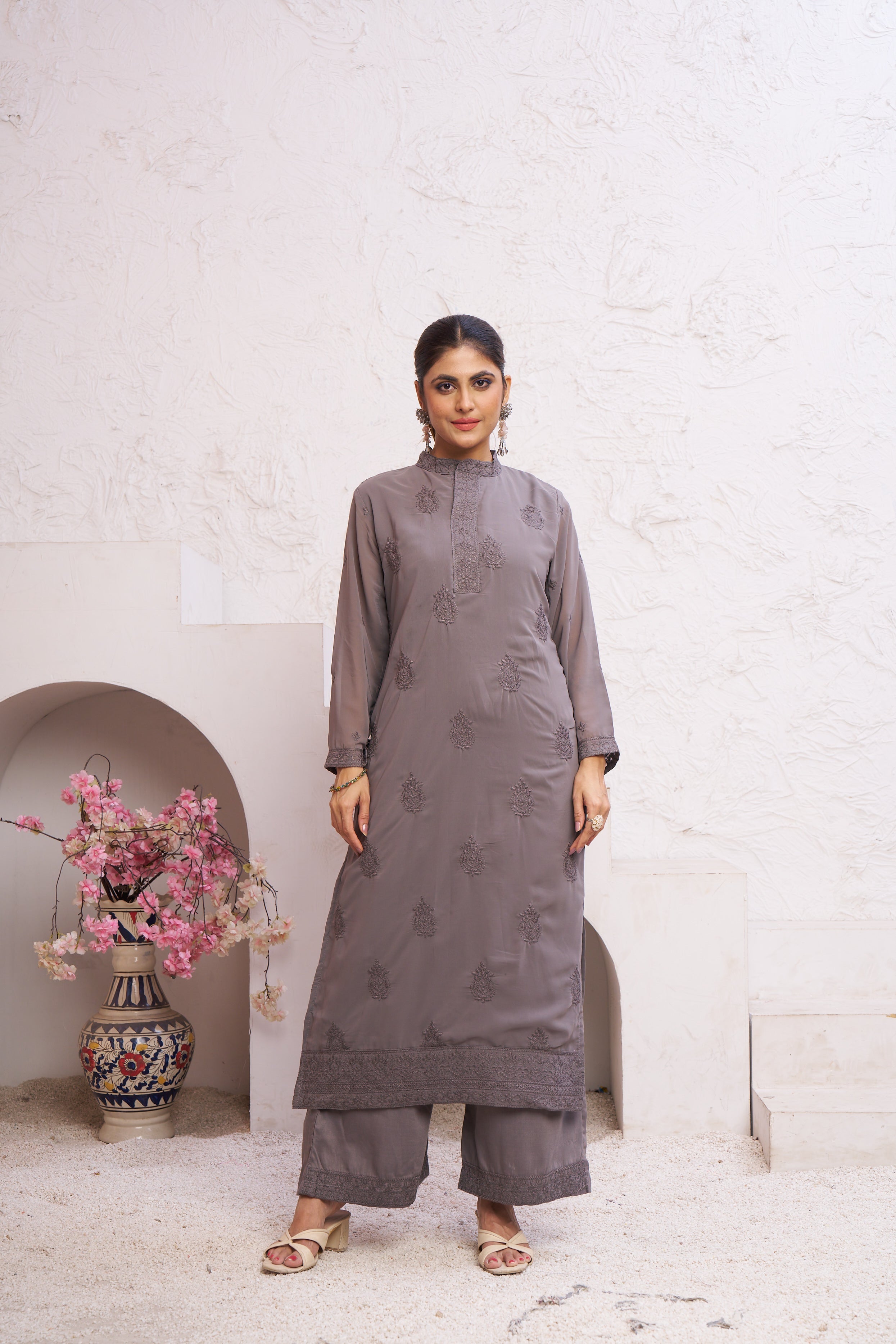 Jyoti Fashion Women's Grey Faux Georgette Embroidered Designer Kurta with Bottom - Distacart