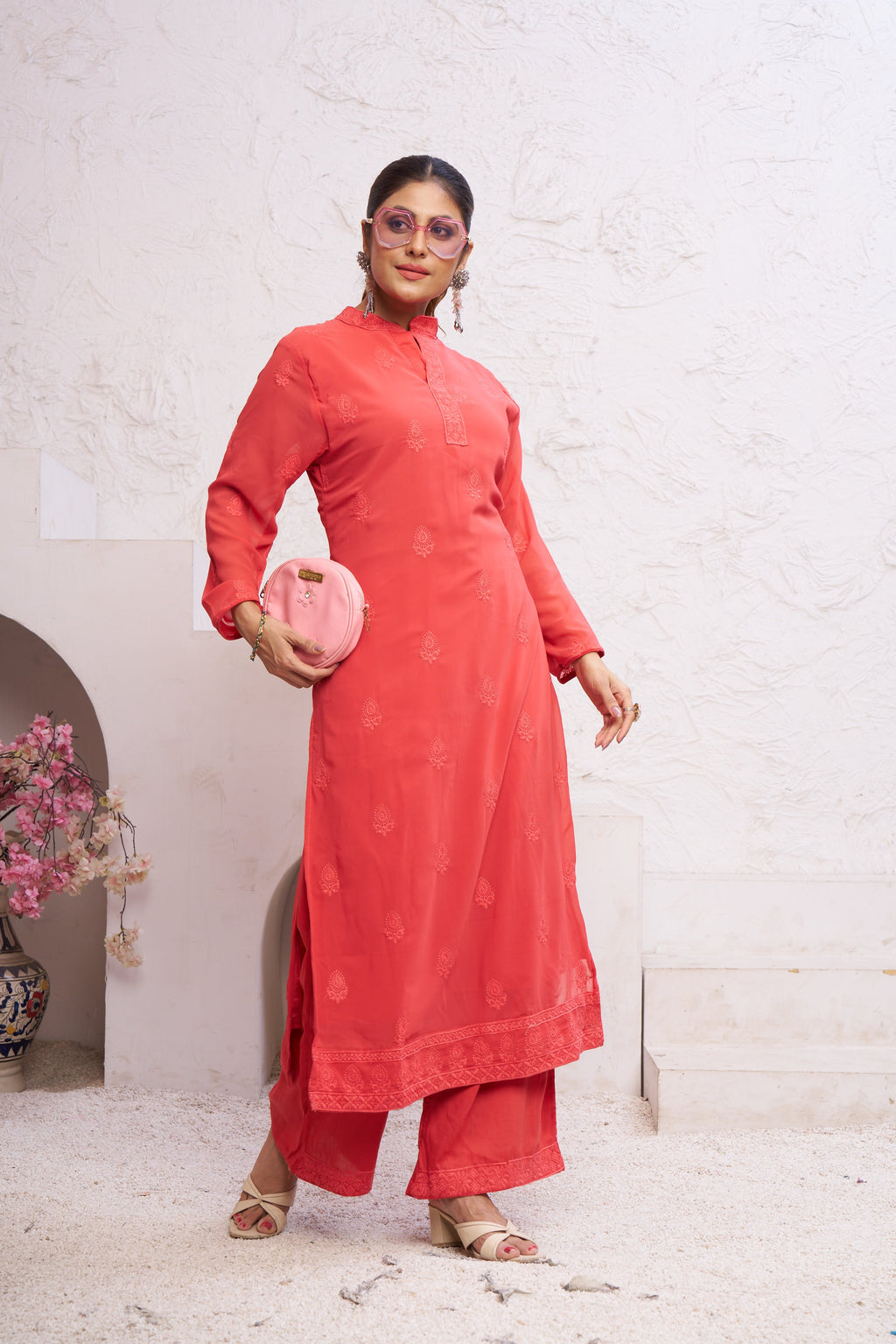 Jyoti Fashion Women's Orange Faux Georgette Embroidered Designer Kurta with Bottom - Distacart