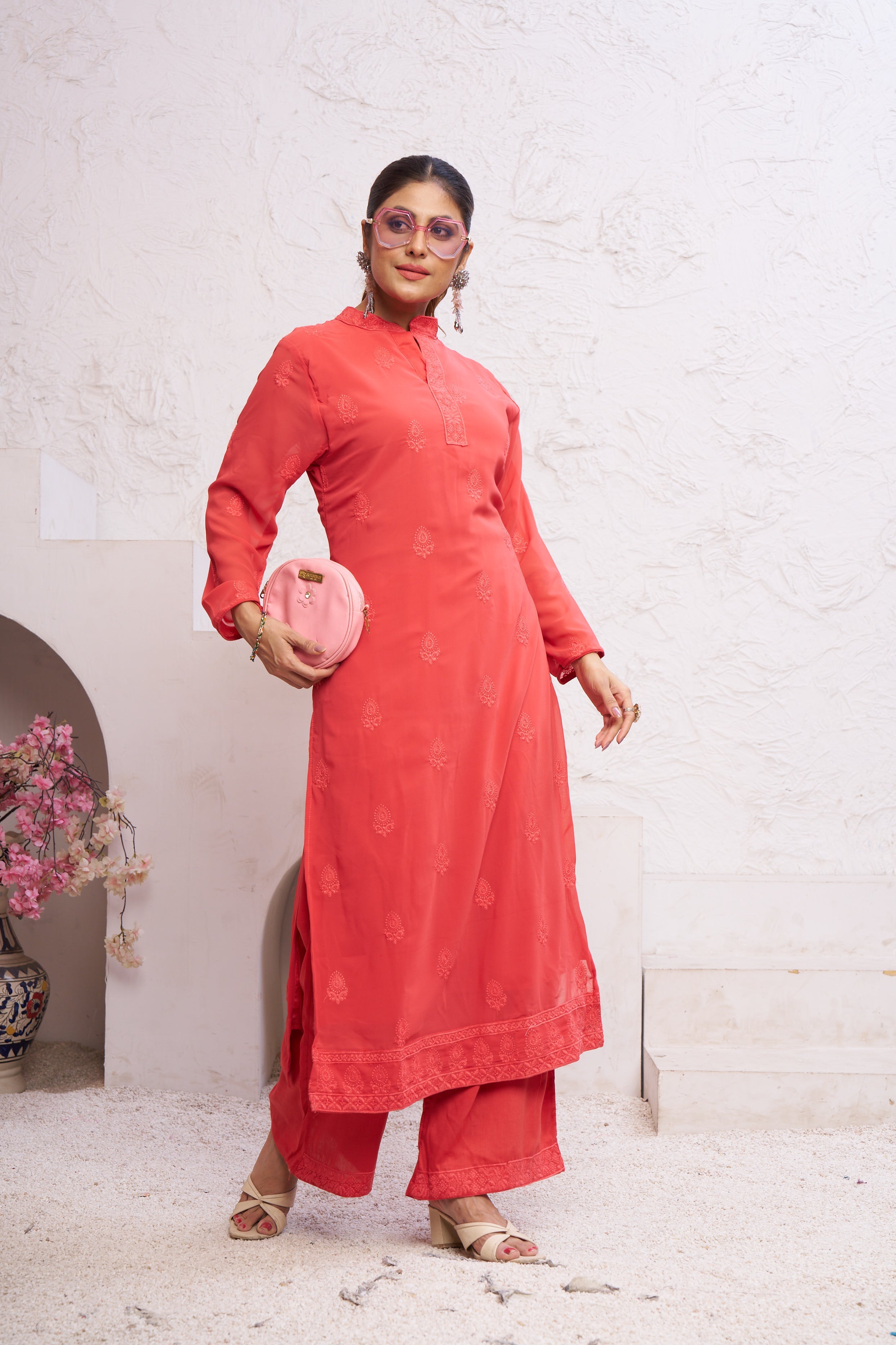 Jyoti Fashion Women's Orange Faux Georgette Embroidered Designer Kurta with Bottom - Distacart