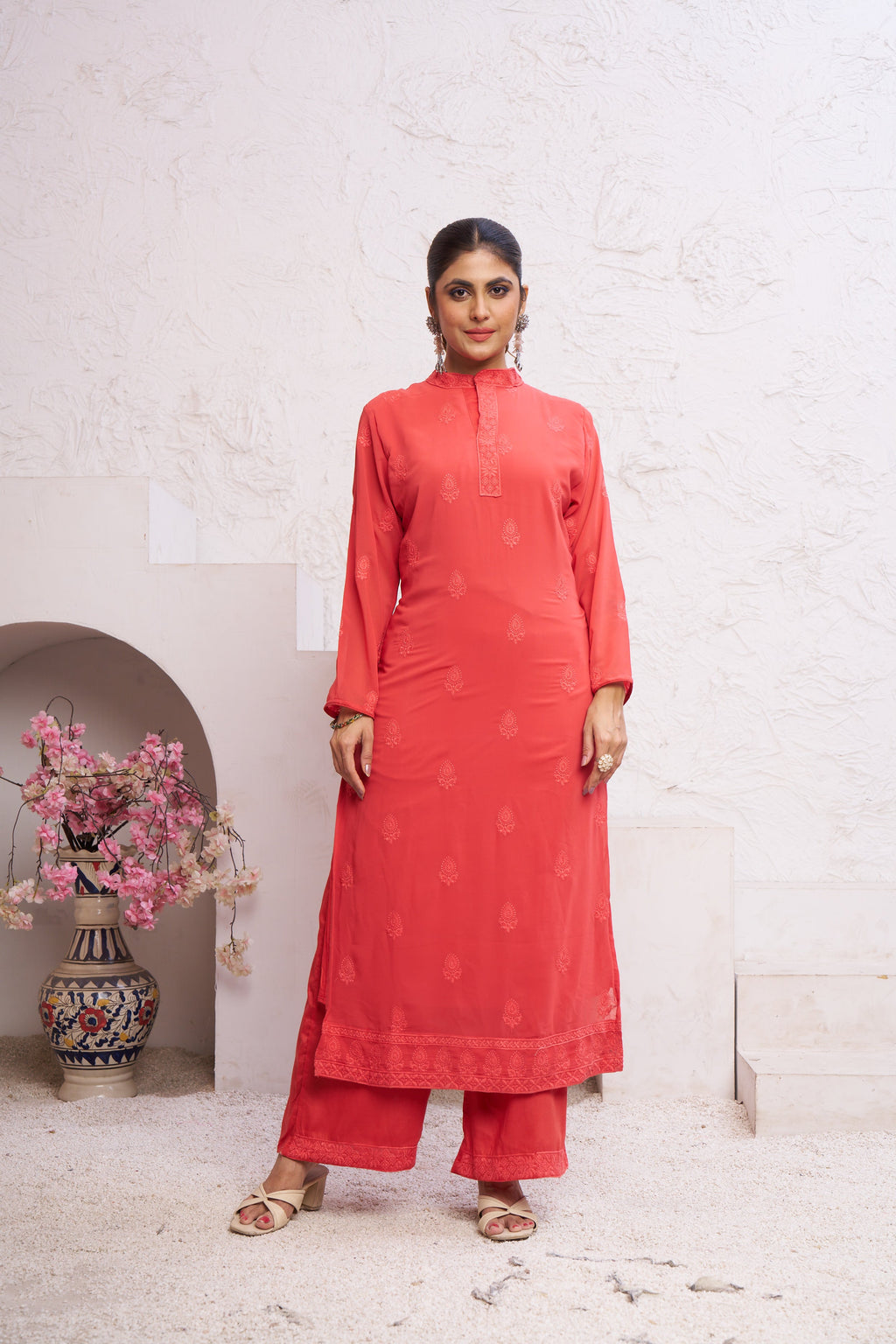 Jyoti Fashion Women's Orange Faux Georgette Embroidered Designer Kurta with Bottom - Distacart