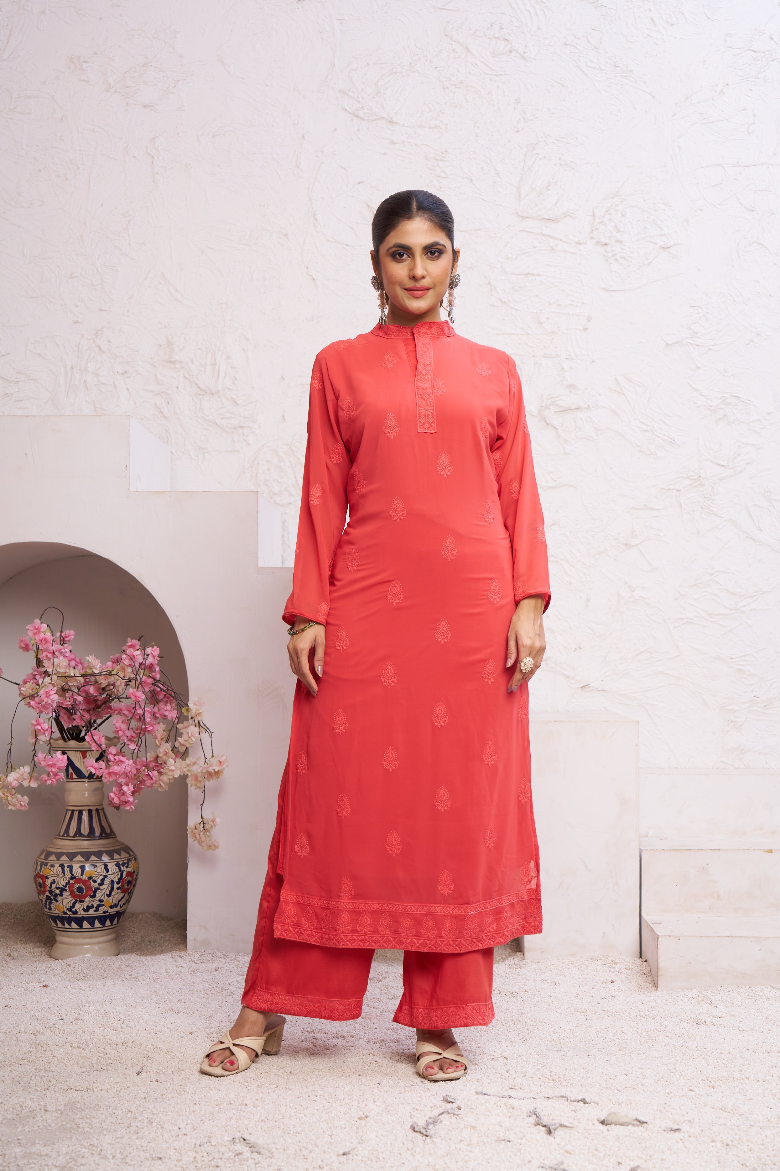 Jyoti Fashion Women's Orange Faux Georgette Embroidered Designer Kurta with Bottom - Distacart