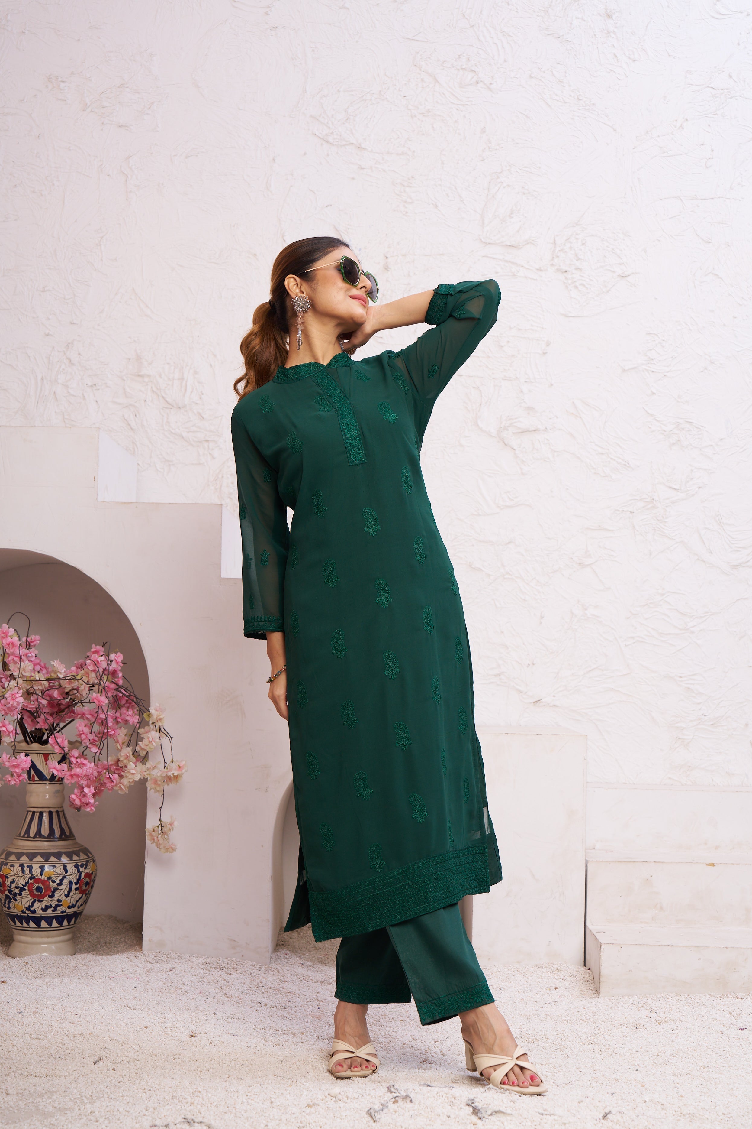 Jyoti Fashion Women's Bottle Green Faux Georgette Embroidered Designer Kurta with Bottom - Distacart