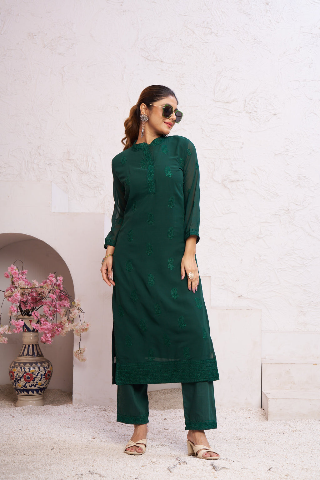 Jyoti Fashion Women's Bottle Green Faux Georgette Embroidered Designer Kurta with Bottom - Distacart