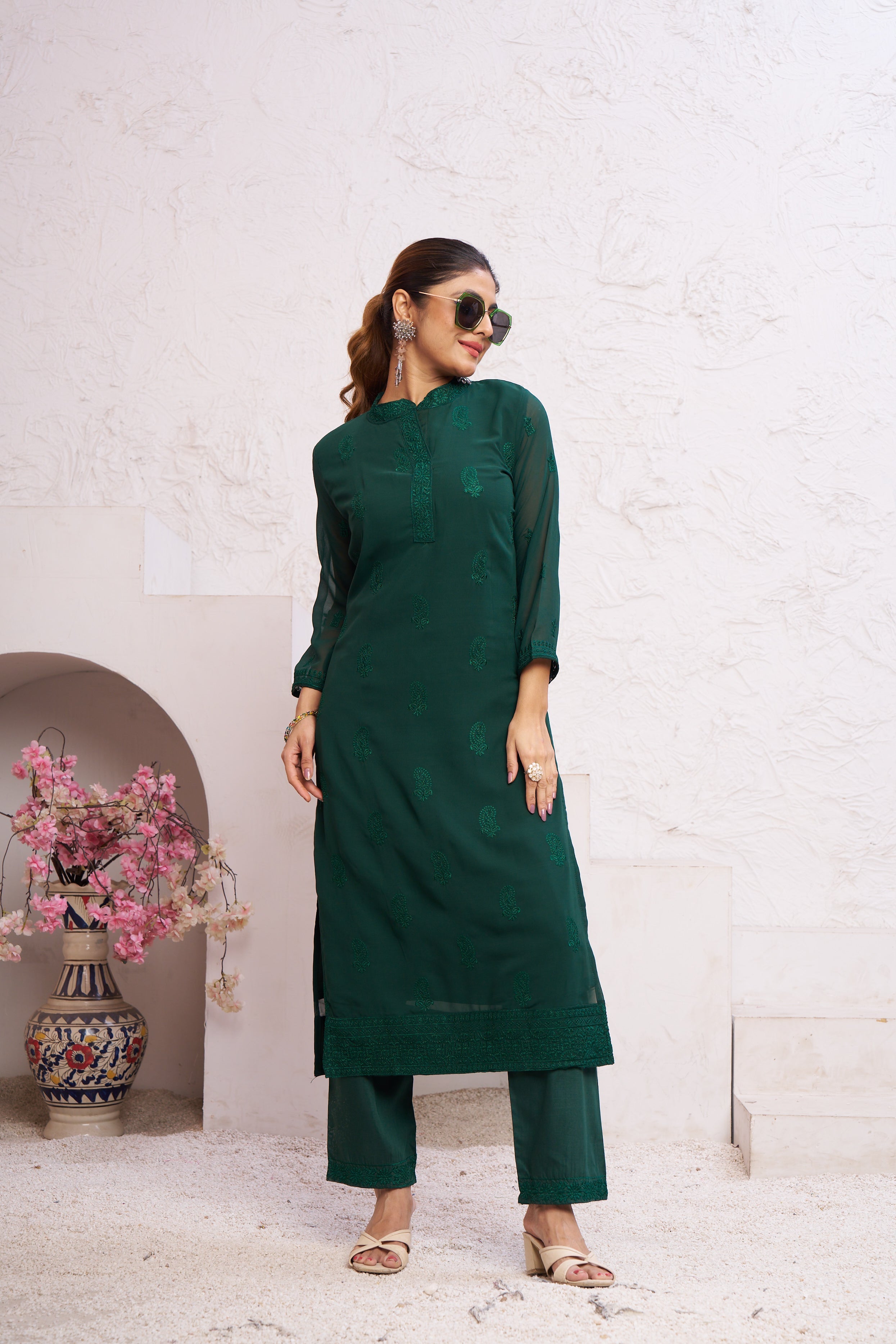 Jyoti Fashion Women's Bottle Green Faux Georgette Embroidered Designer Kurta with Bottom - Distacart