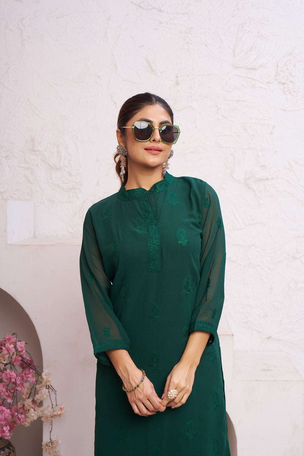 Jyoti Fashion Women's Bottle Green Faux Georgette Embroidered Designer Kurta with Bottom - Distacart
