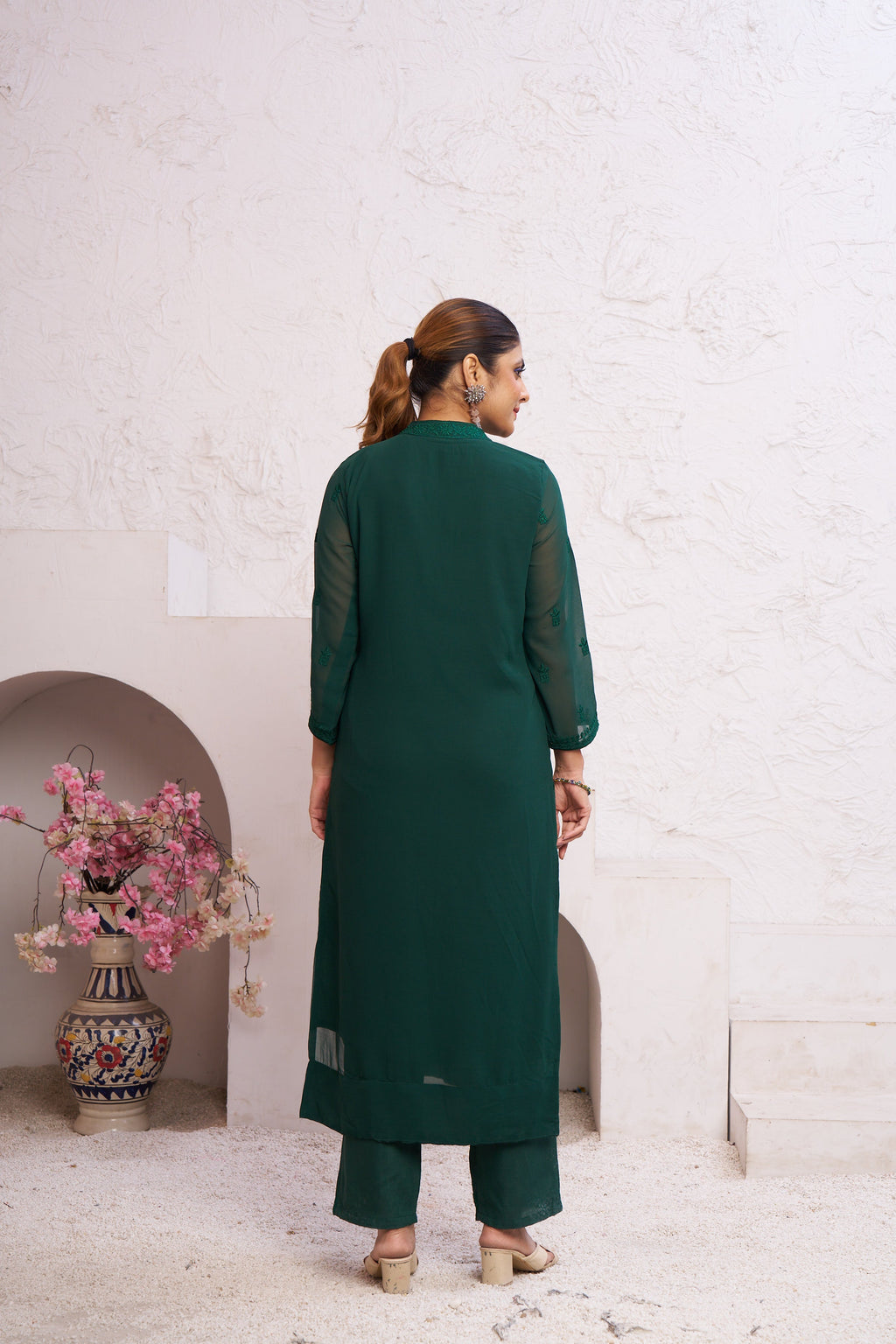 Jyoti Fashion Women's Bottle Green Faux Georgette Embroidered Designer Kurta with Bottom - Distacart