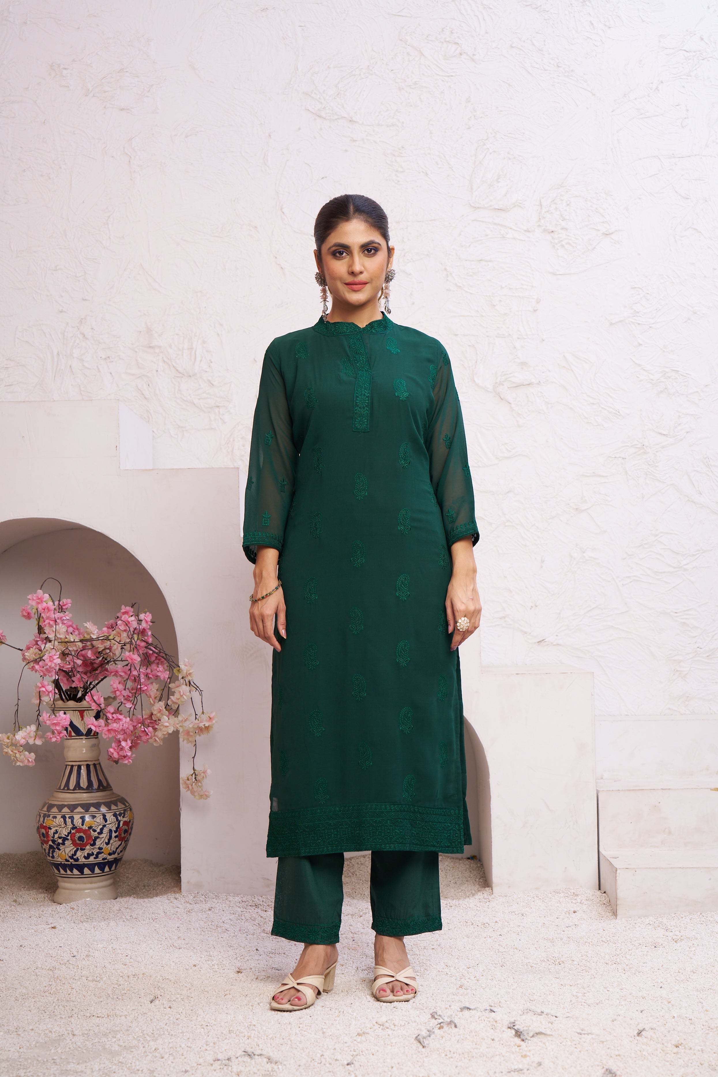 Jyoti Fashion Women's Bottle Green Faux Georgette Embroidered Designer Kurta with Bottom - Distacart