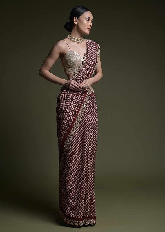 Jyoti Fashion Women's Wine Coding Sequence Chinon Saree with Blouse - Distacart