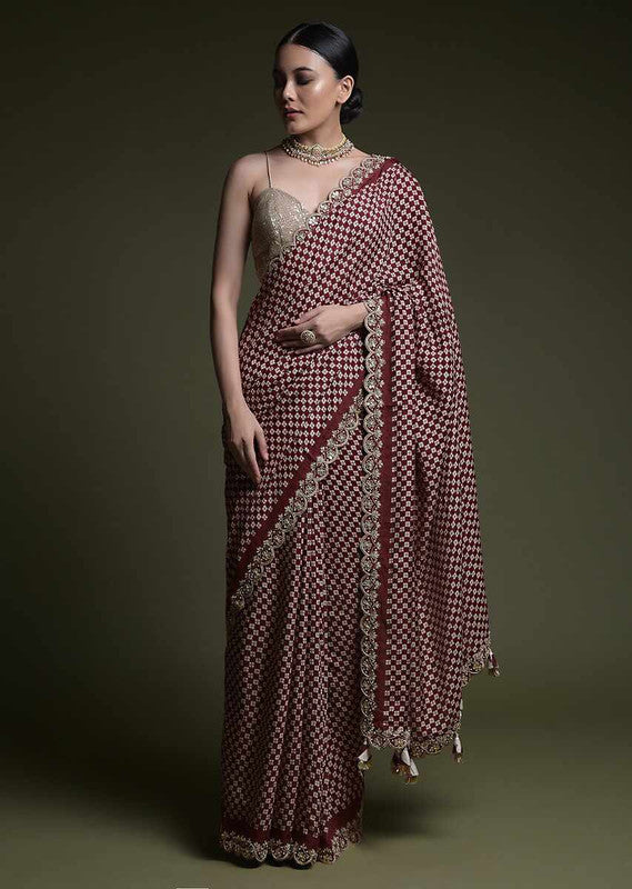 Jyoti Fashion Women's Wine Coding Sequence Chinon Saree with Blouse - Distacart