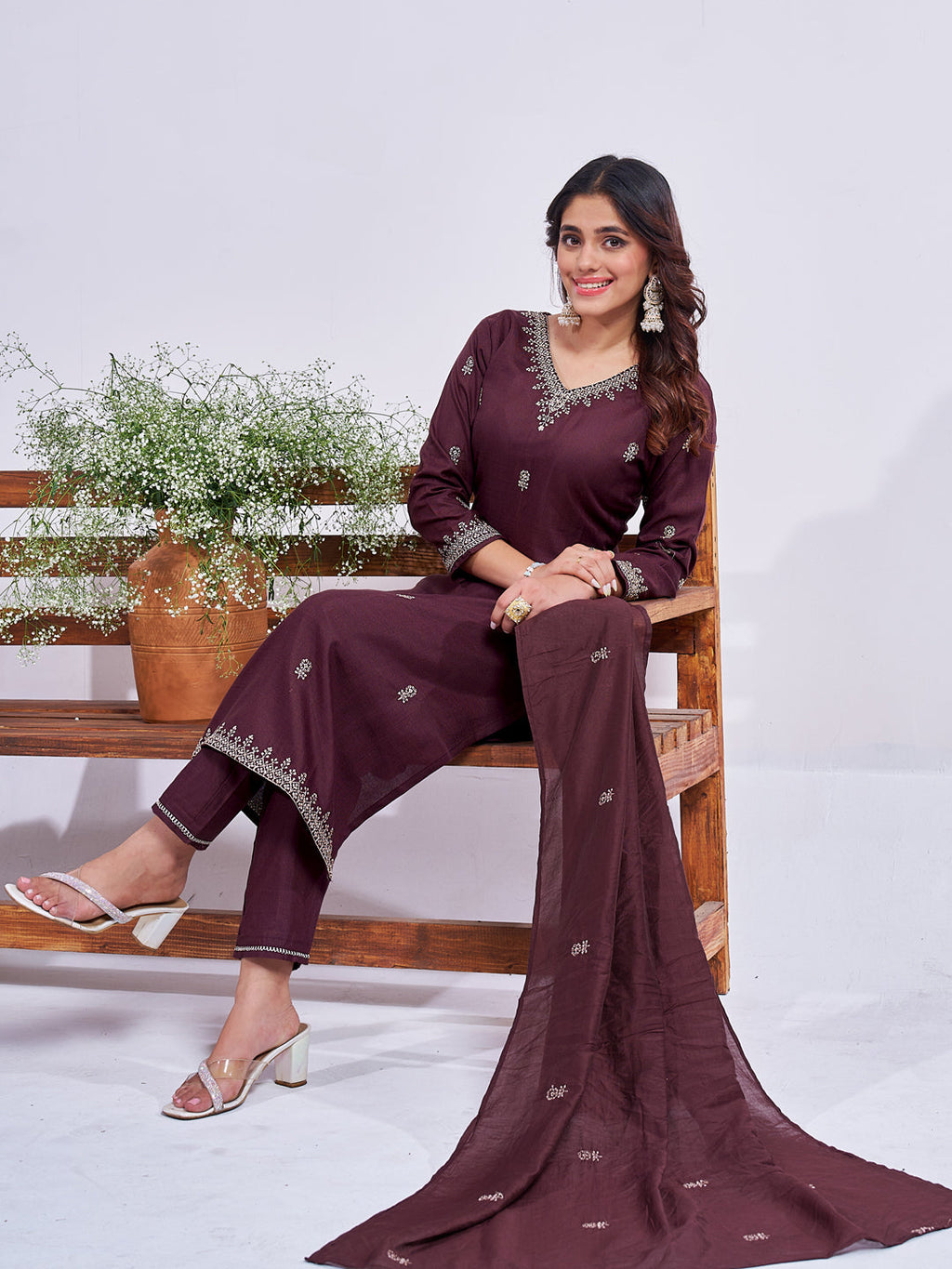 Jyoti Fashion Women's Coffee Rayon Embroidered Designer Kurta Set with Dupatta - Distacart