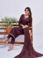 Jyoti Fashion Women's Coffee Rayon Embroidered Designer Kurta Set with Dupatta - Distacart