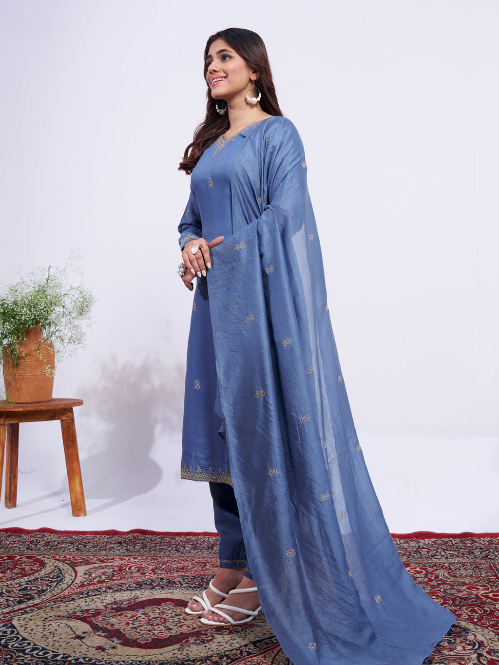 Jyoti Fashion Women's Denim Blue Rayon Embroidered Designer Kurta Set with Dupatta - Distacart