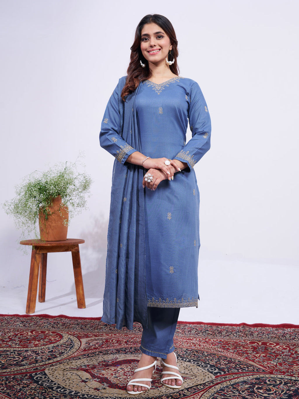Jyoti Fashion Women's Denim Blue Rayon Embroidered Designer Kurta Set with Dupatta - Distacart