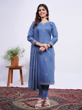 Jyoti Fashion Women's Denim Blue Rayon Embroidered Designer Kurta Set with Dupatta - Distacart