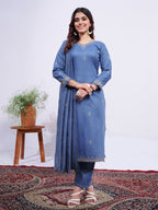 Jyoti Fashion Women's Denim Blue Rayon Embroidered Designer Kurta Set with Dupatta - Distacart