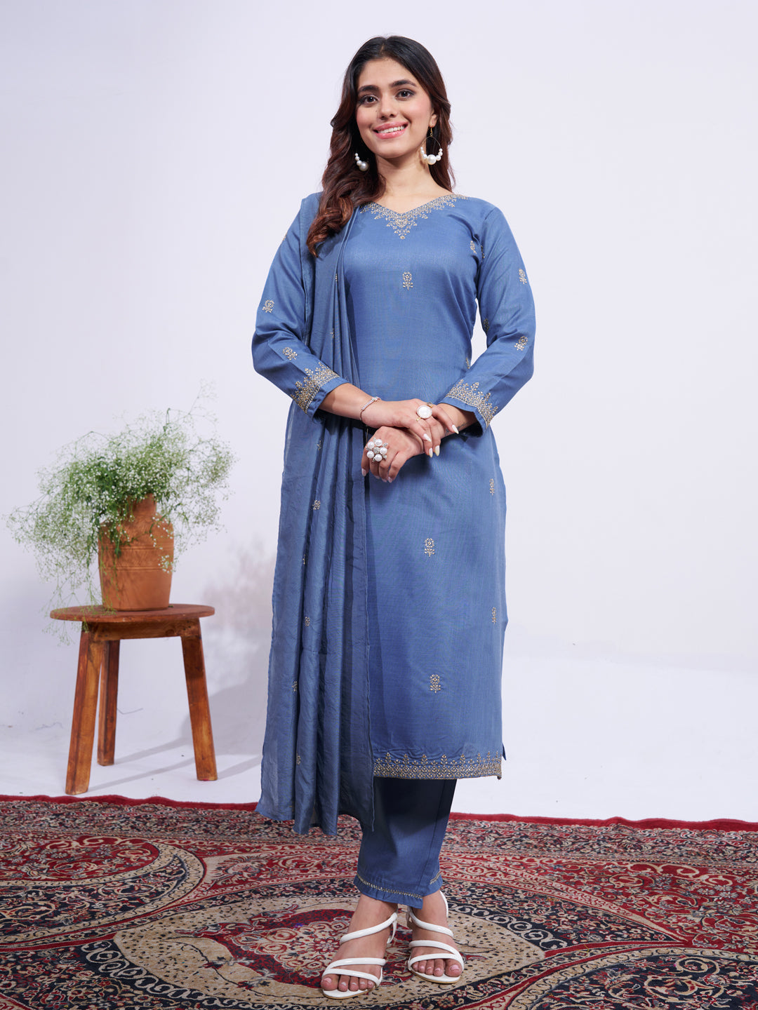 Jyoti Fashion Women's Denim Blue Rayon Embroidered Designer Kurta Set with Dupatta - Distacart