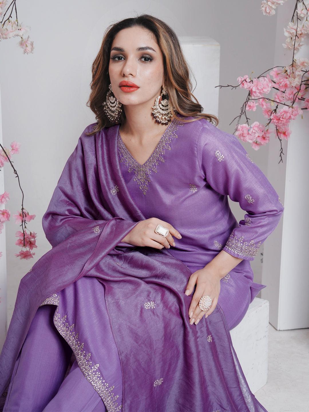 Jyoti Fashion Women's Lavender Rayon Embroidered Designer Kurta Set with Dupatta - Distacart