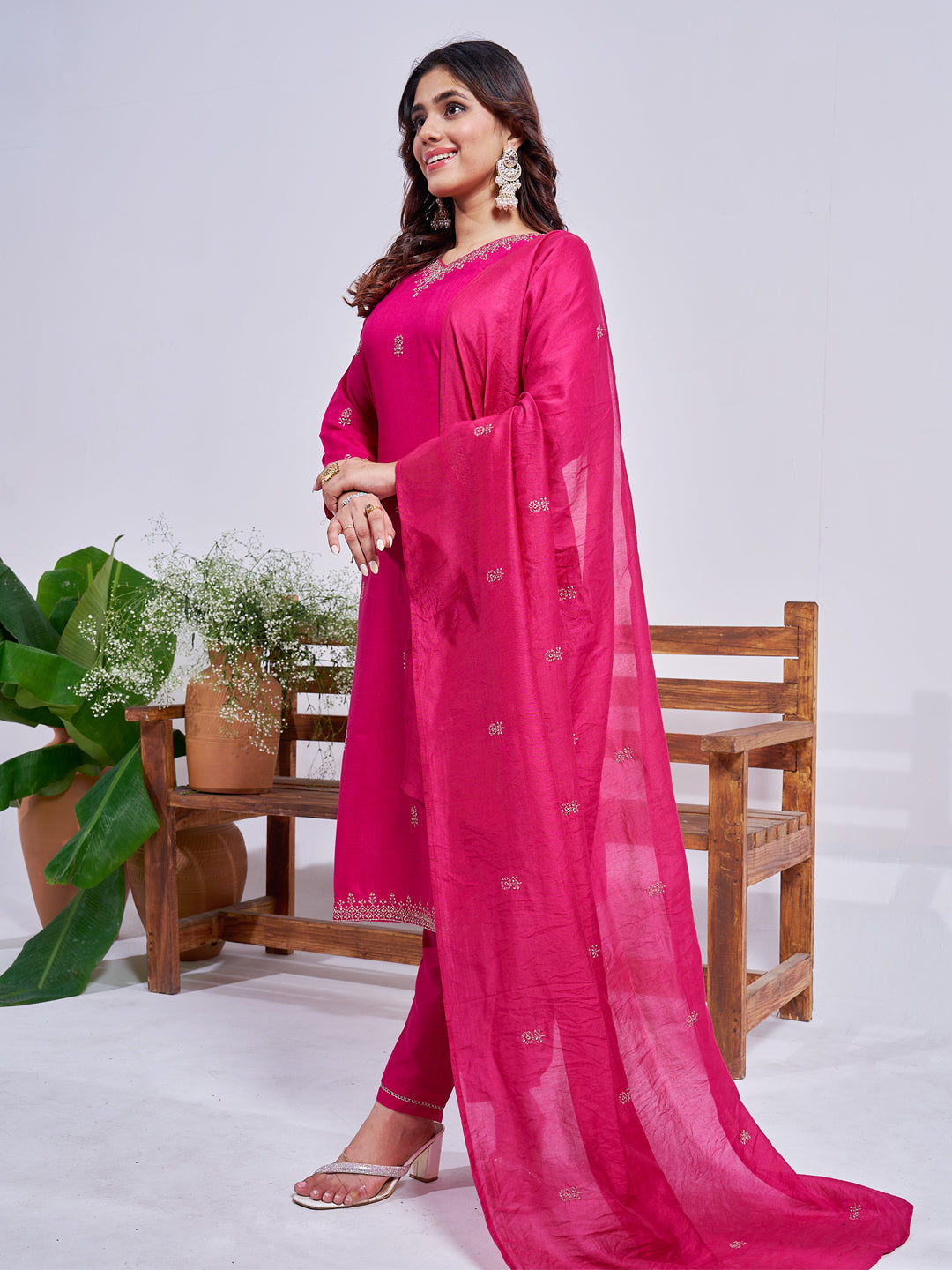 Jyoti Fashion Women's Rani Pink Rayon Embroidered Designer Kurta Set with Dupatta - Distacart