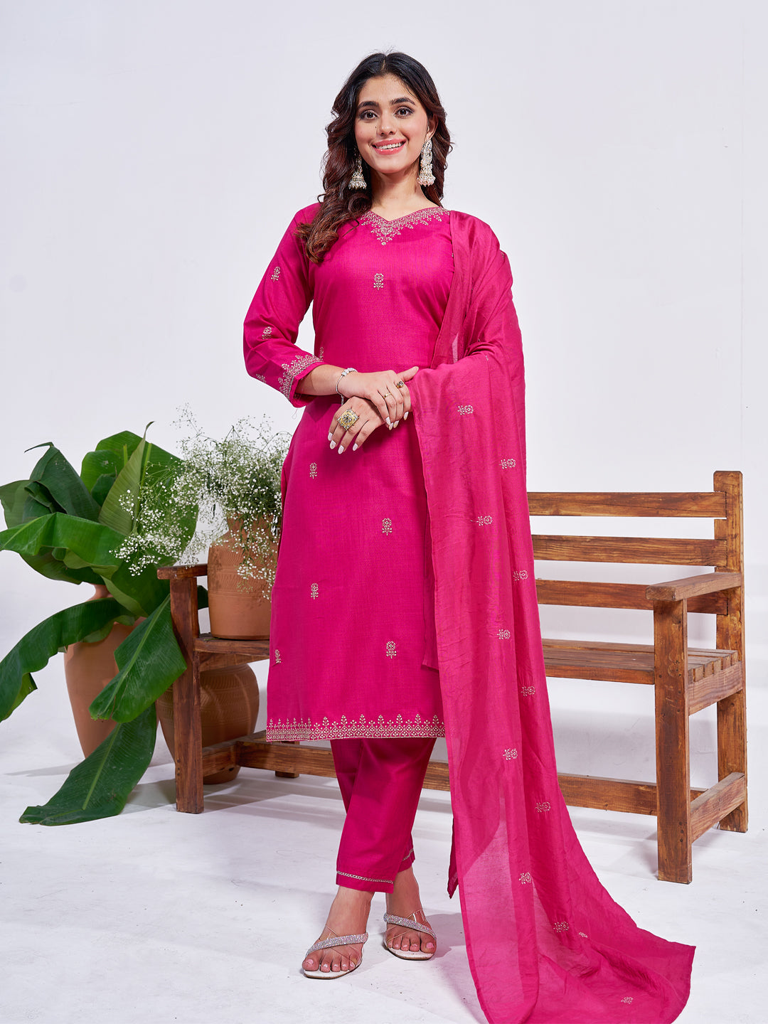 Jyoti Fashion Women's Rani Pink Rayon Embroidered Designer Kurta Set with Dupatta - Distacart