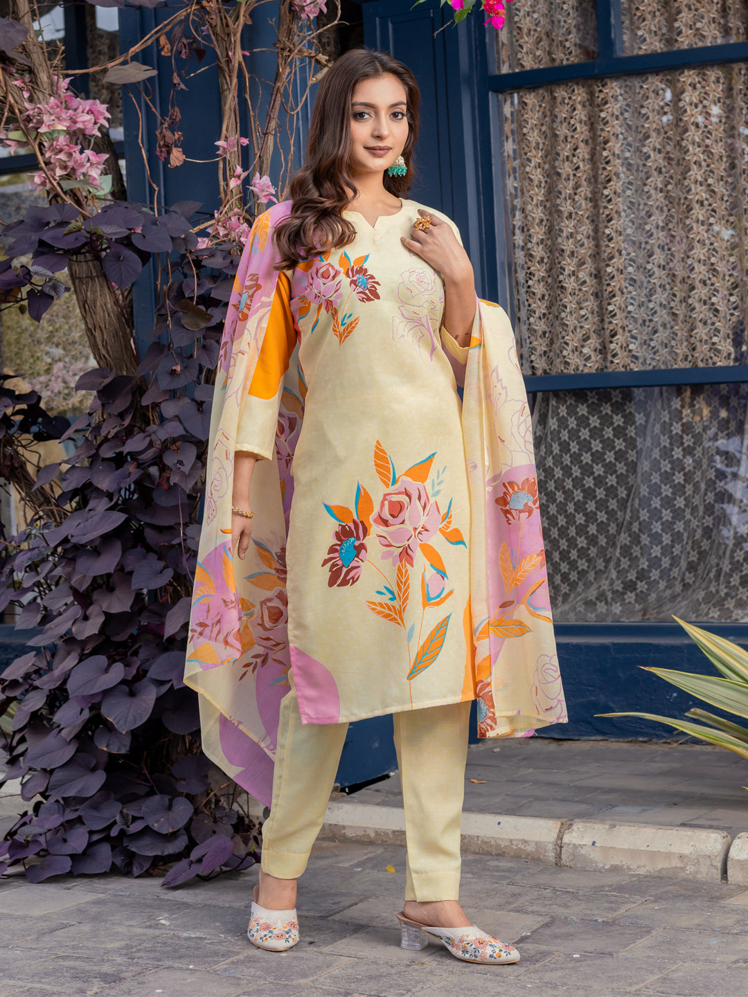 Jyoti Fashion Women's Cream Cotton Blend Printed Designer Kurta Set with Dupatta - Distacart