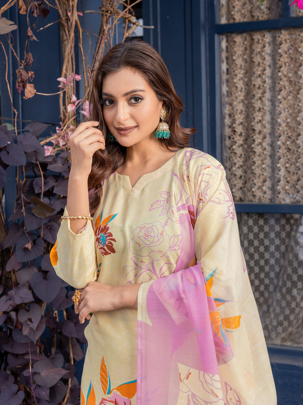 Jyoti Fashion Women's Cream Cotton Blend Printed Designer Kurta Set with Dupatta - Distacart