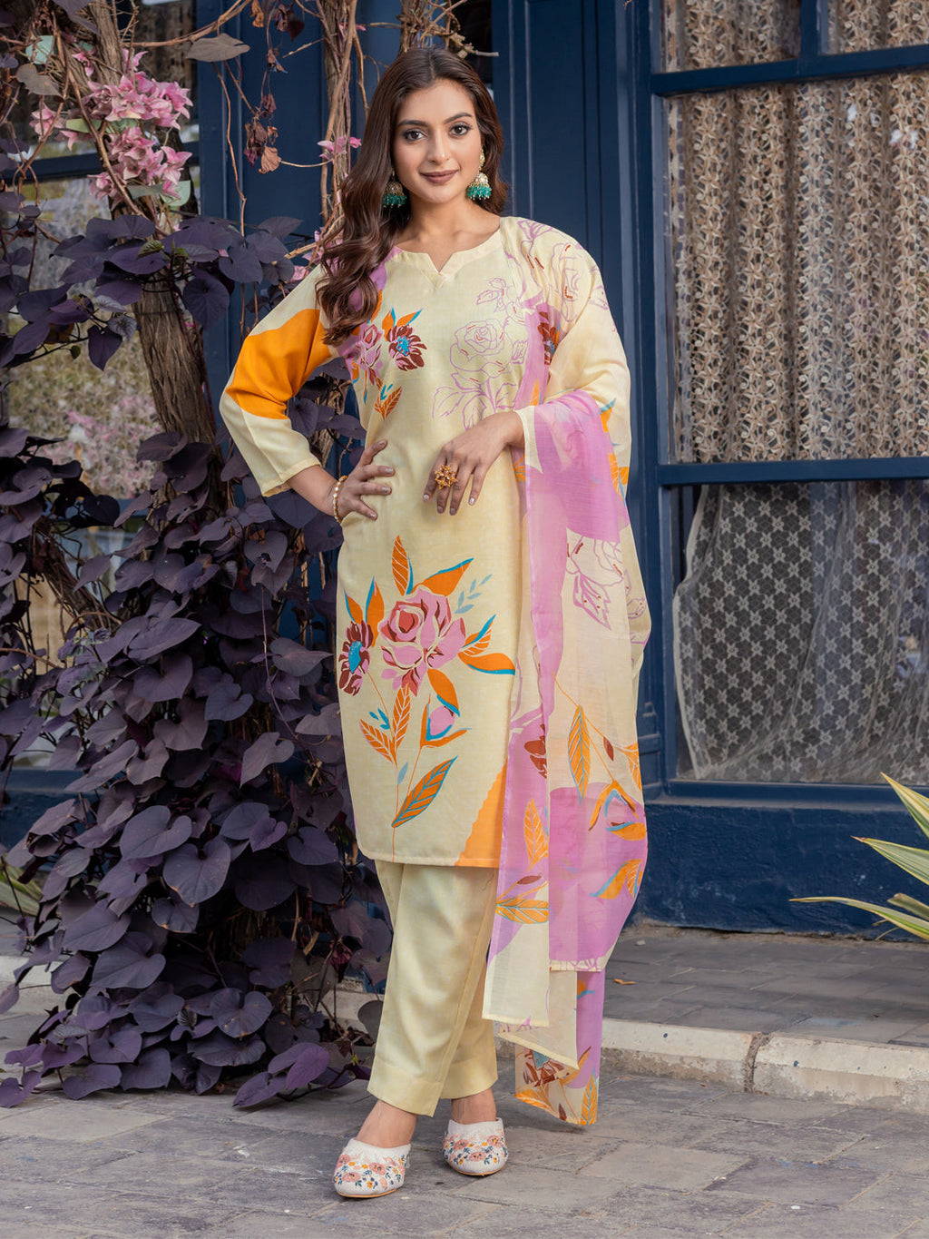 Jyoti Fashion Women's Cream Cotton Blend Printed Designer Kurta Set with Dupatta - Distacart