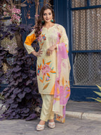 Jyoti Fashion Women's Cream Cotton Blend Printed Designer Kurta Set with Dupatta - Distacart