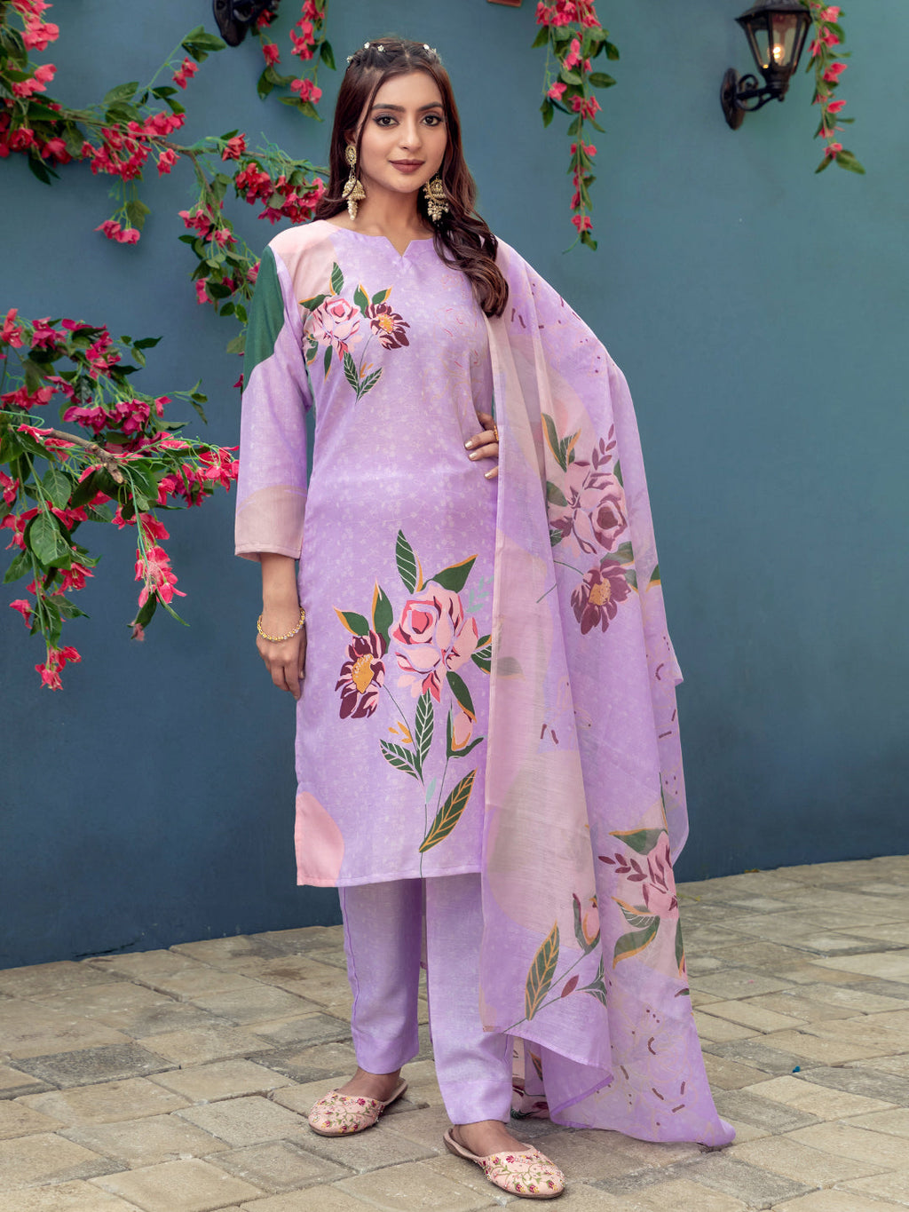 Jyoti Fashion Women's Lavender Cotton Blend Printed Designer Kurta Set with Dupatta - Distacart