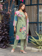 Jyoti Fashion Women's Mehendi Cotton Blend Printed Designer Kurta Set with Dupatta - Distacart