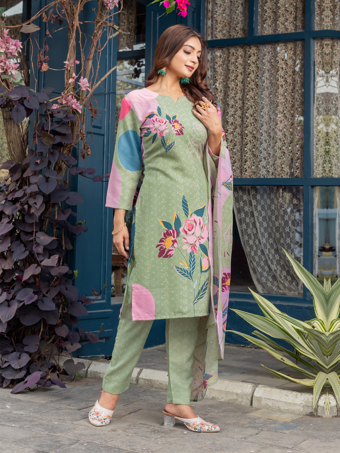 Jyoti Fashion Women's Mehendi Cotton Blend Printed Designer Kurta Set with Dupatta - Distacart