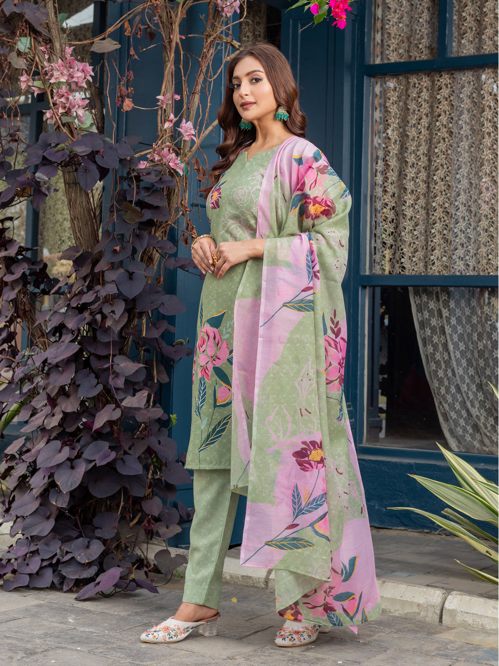 Jyoti Fashion Women's Mehendi Cotton Blend Printed Designer Kurta Set with Dupatta - Distacart