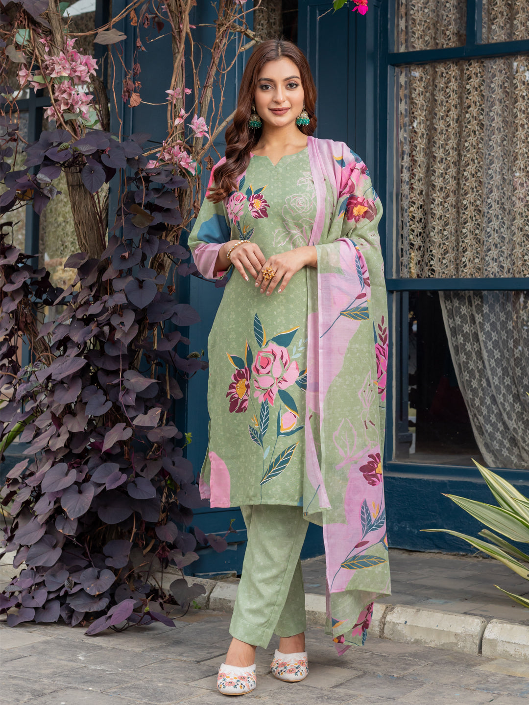Jyoti Fashion Women's Mehendi Cotton Blend Printed Designer Kurta Set with Dupatta - Distacart
