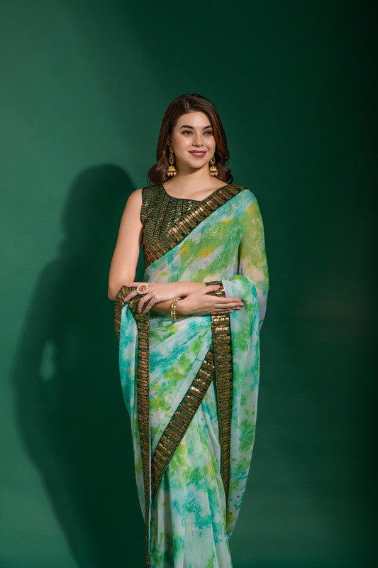 Jyoti Fashion Women's Sea Green Sequence Embroidery Chiffon Saree with Blouse - Distacart