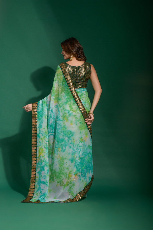 Jyoti Fashion Women's Sea Green Sequence Embroidery Chiffon Saree with Blouse - Distacart