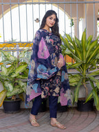 Jyoti Fashion Women's Navy Blue Cotton Blend Printed Designer Kurta Set with Dupatta - Distacart