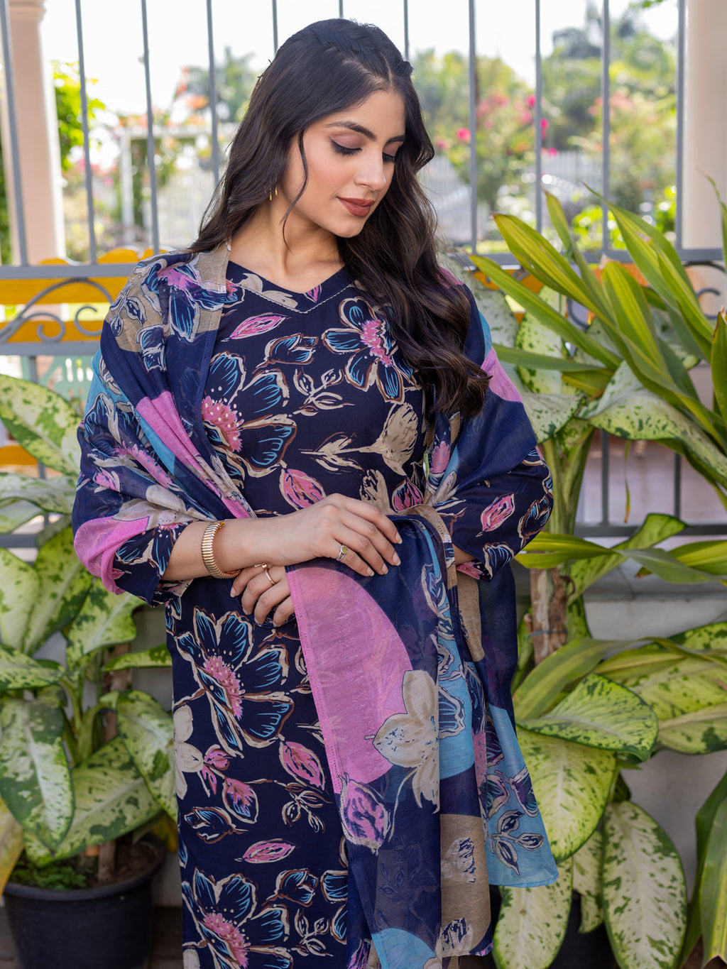Jyoti Fashion Women's Navy Blue Cotton Blend Printed Designer Kurta Set with Dupatta - Distacart
