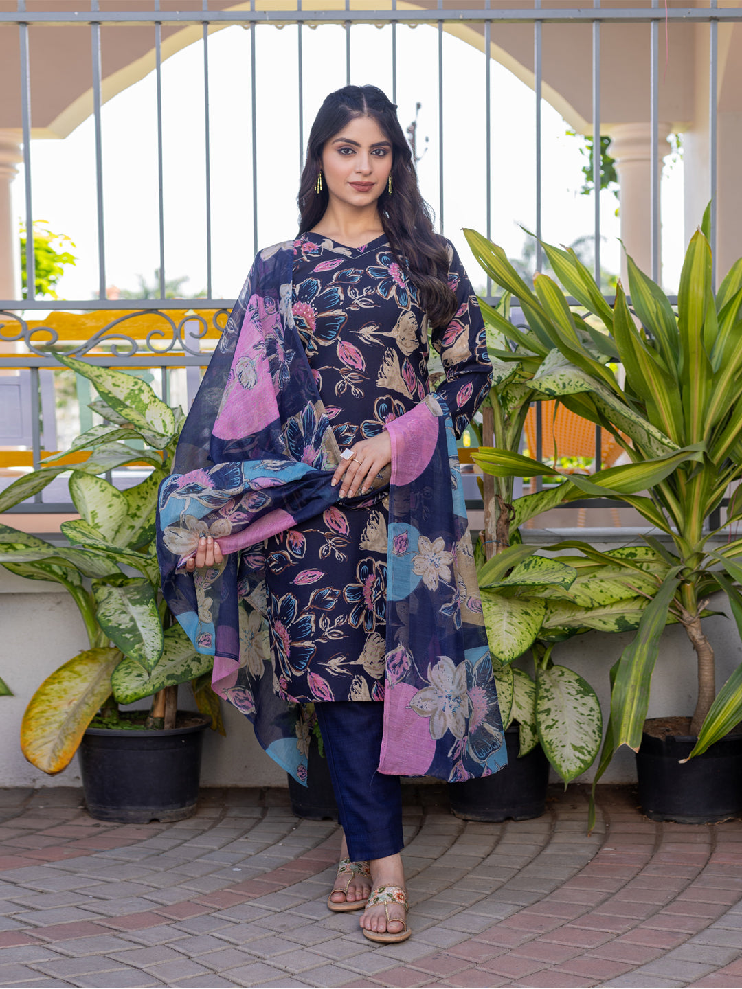 Jyoti Fashion Women's Navy Blue Cotton Blend Printed Designer Kurta Set with Dupatta - Distacart
