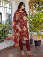 Jyoti Fashion Women's Rust Cotton Blend Printed Designer Kurta Set with Dupatta - Distacart