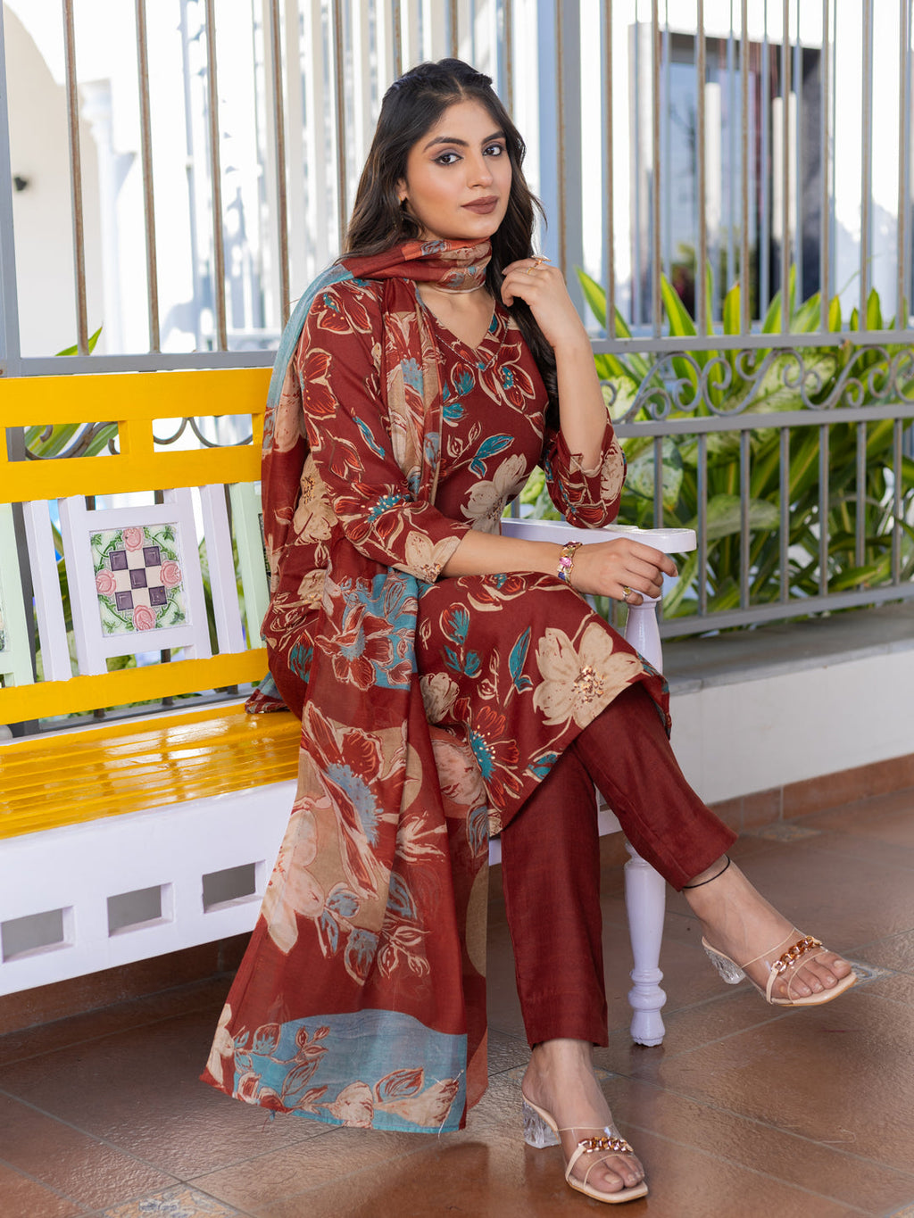 Jyoti Fashion Women's Rust Cotton Blend Printed Designer Kurta Set with Dupatta - Distacart