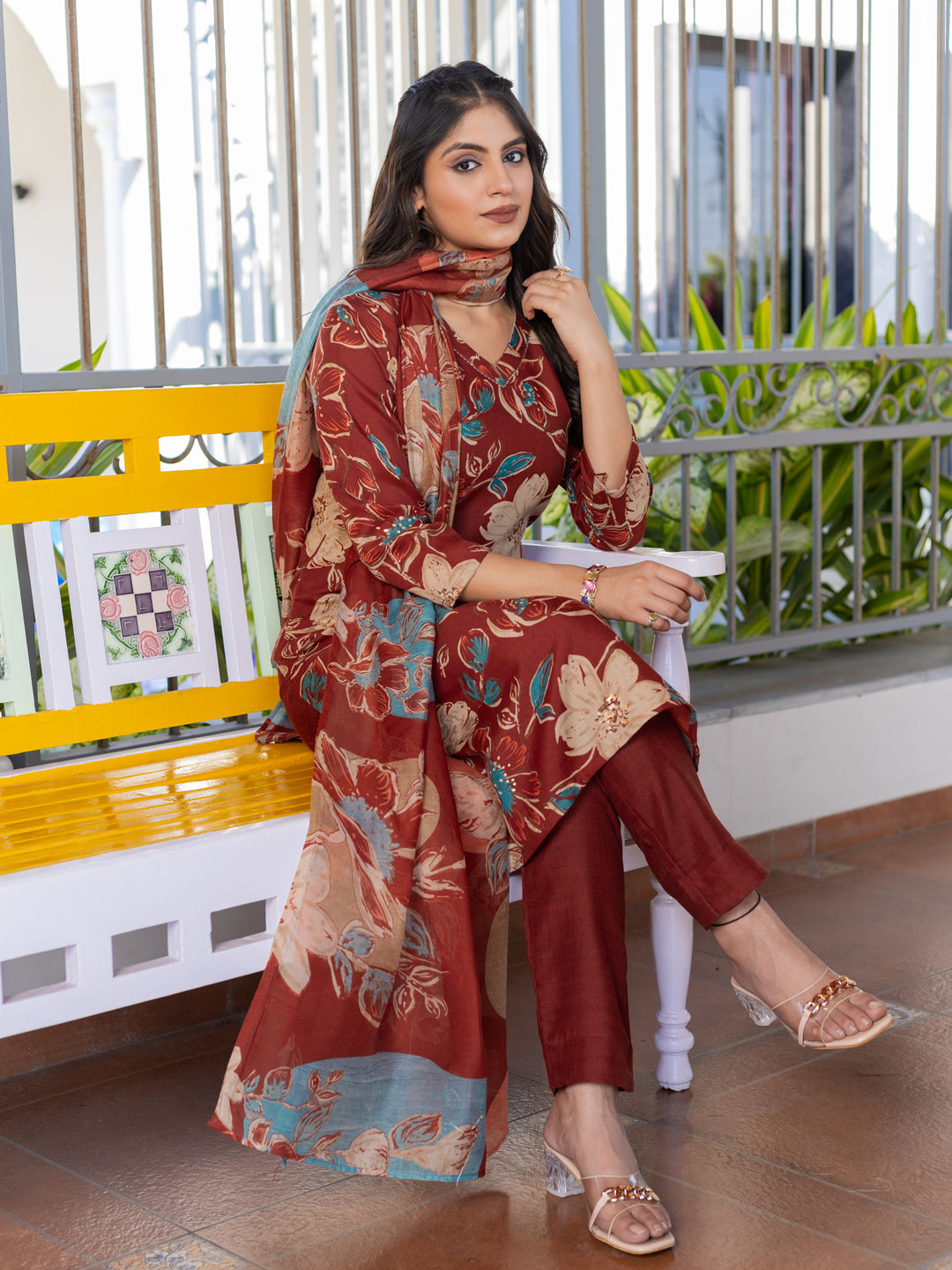 Jyoti Fashion Women's Rust Cotton Blend Printed Designer Kurta Set with Dupatta - Distacart
