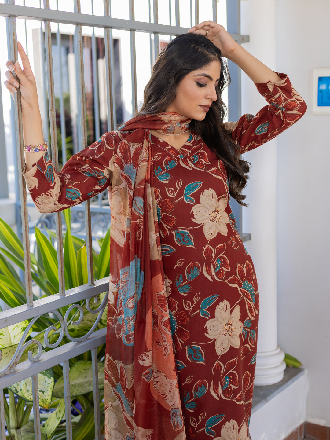 Jyoti Fashion Women's Rust Cotton Blend Printed Designer Kurta Set with Dupatta - Distacart