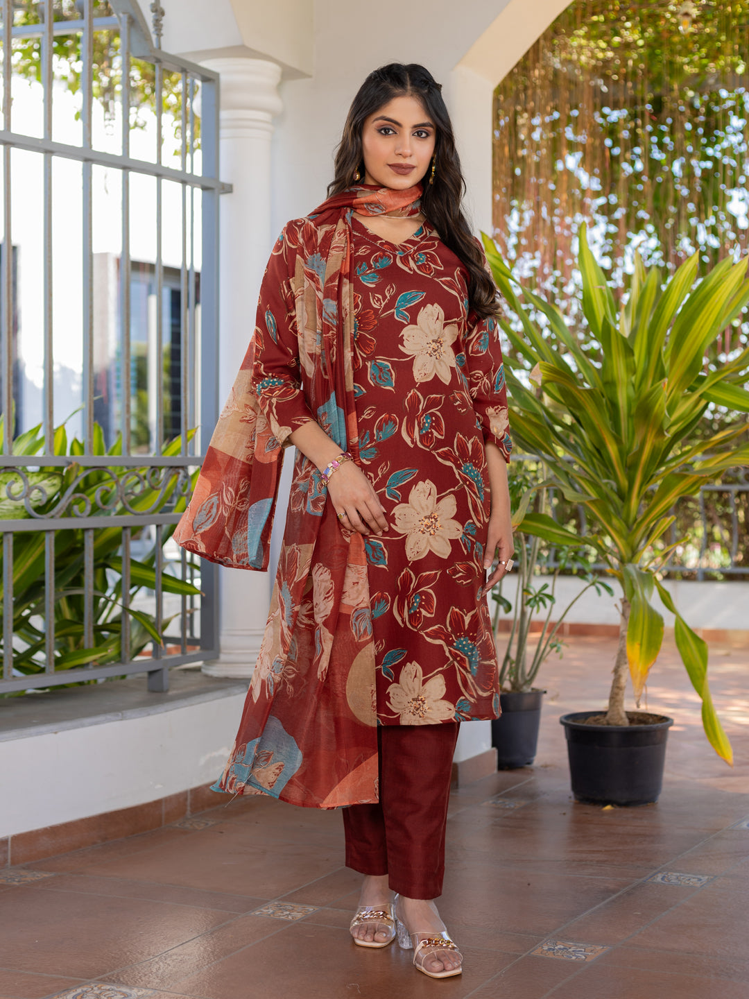 Jyoti Fashion Women's Rust Cotton Blend Printed Designer Kurta Set with Dupatta - Distacart