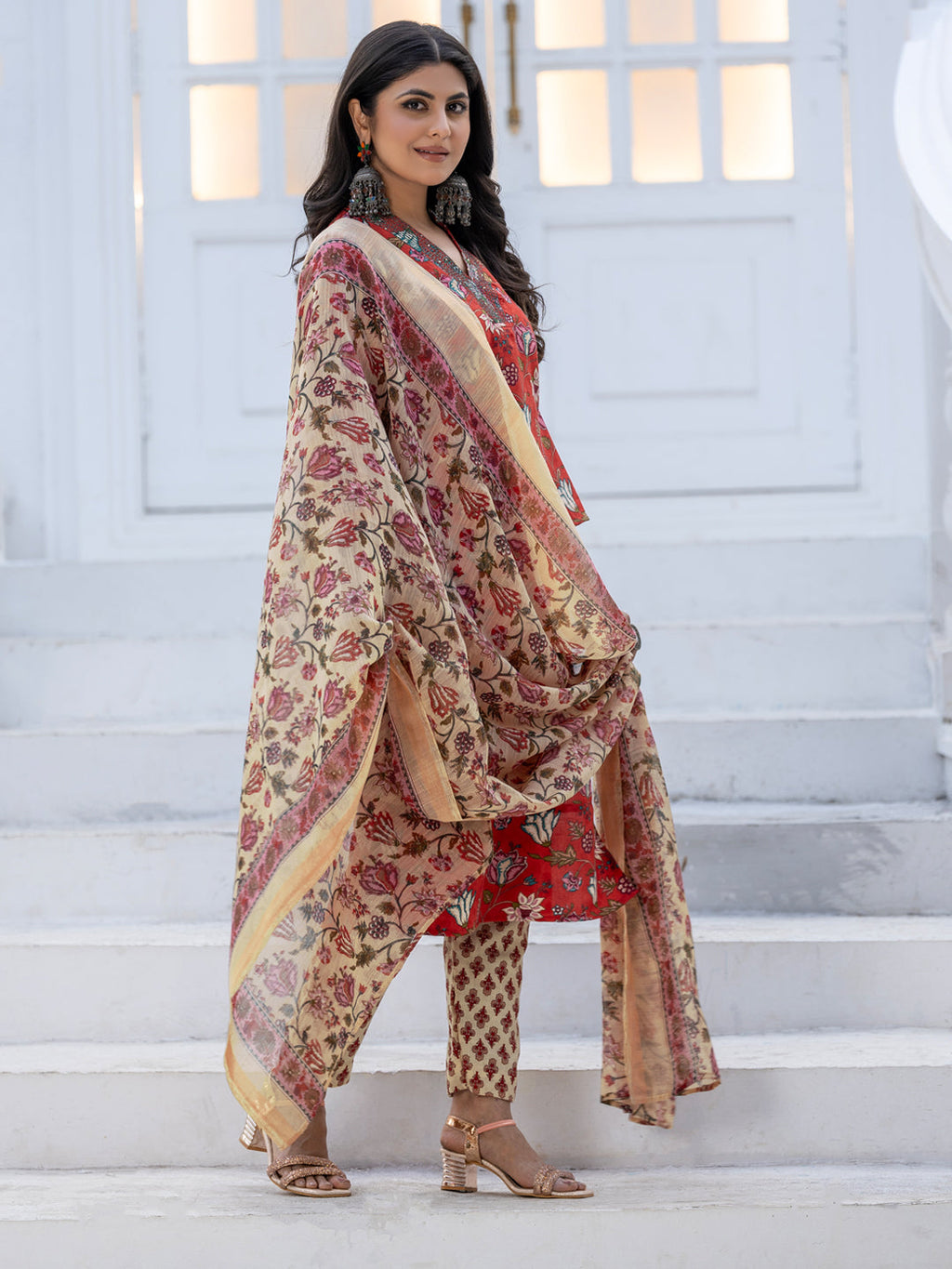 Jyoti Fashion Women's Red Rayon Print with Thread Designer Kurta Set with Dupatta - Distacart