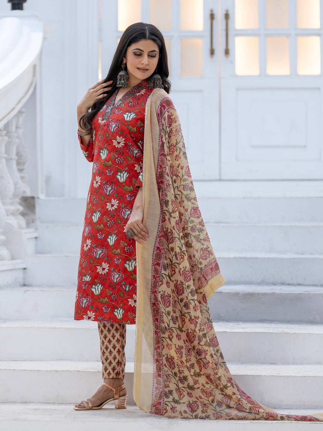 Jyoti Fashion Women's Red Rayon Print with Thread Designer Kurta Set with Dupatta - Distacart