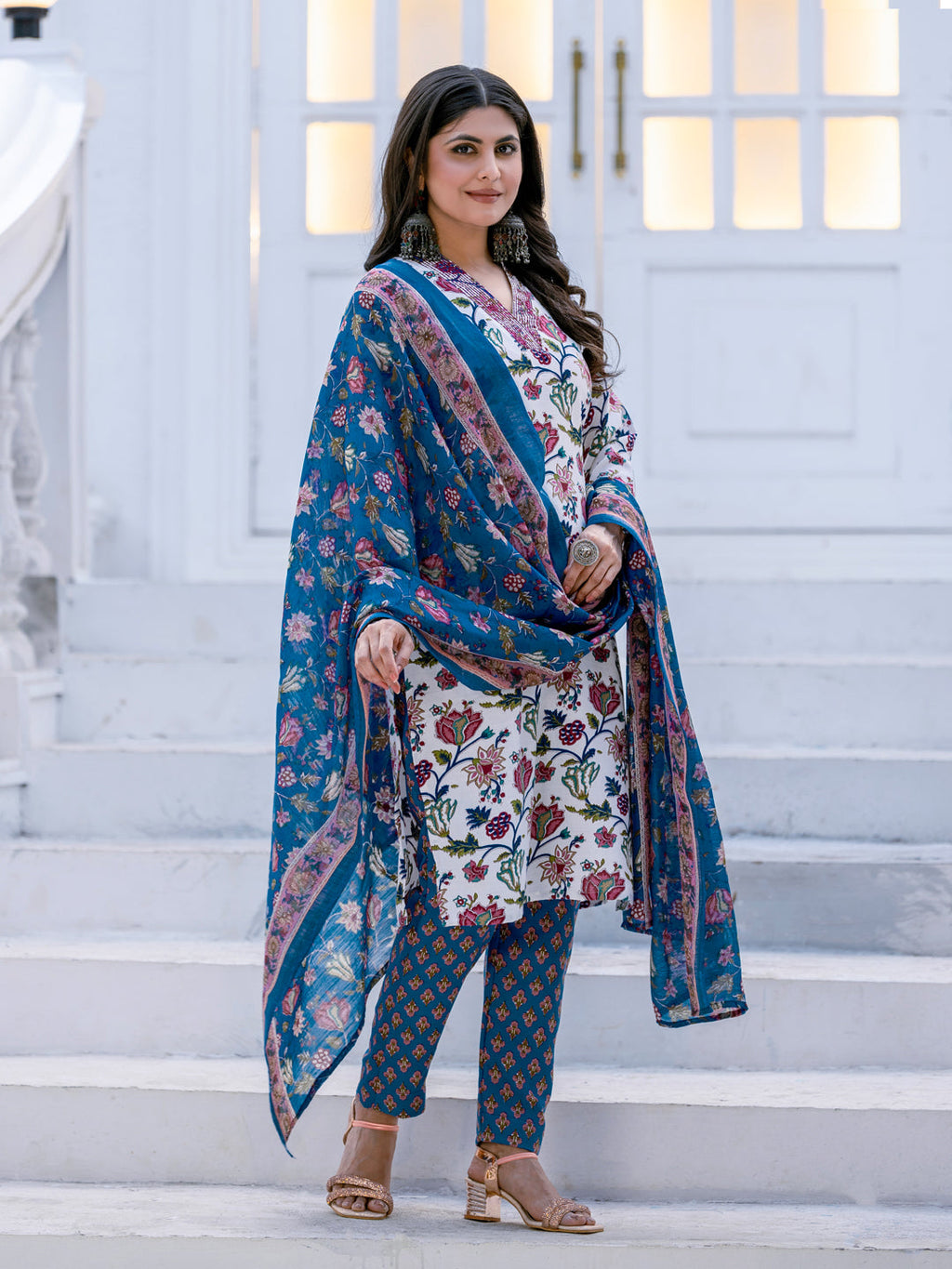 Jyoti Fashion Women's White Rayon Print with Thread Designer Kurta Set with Dupatta - Distacart