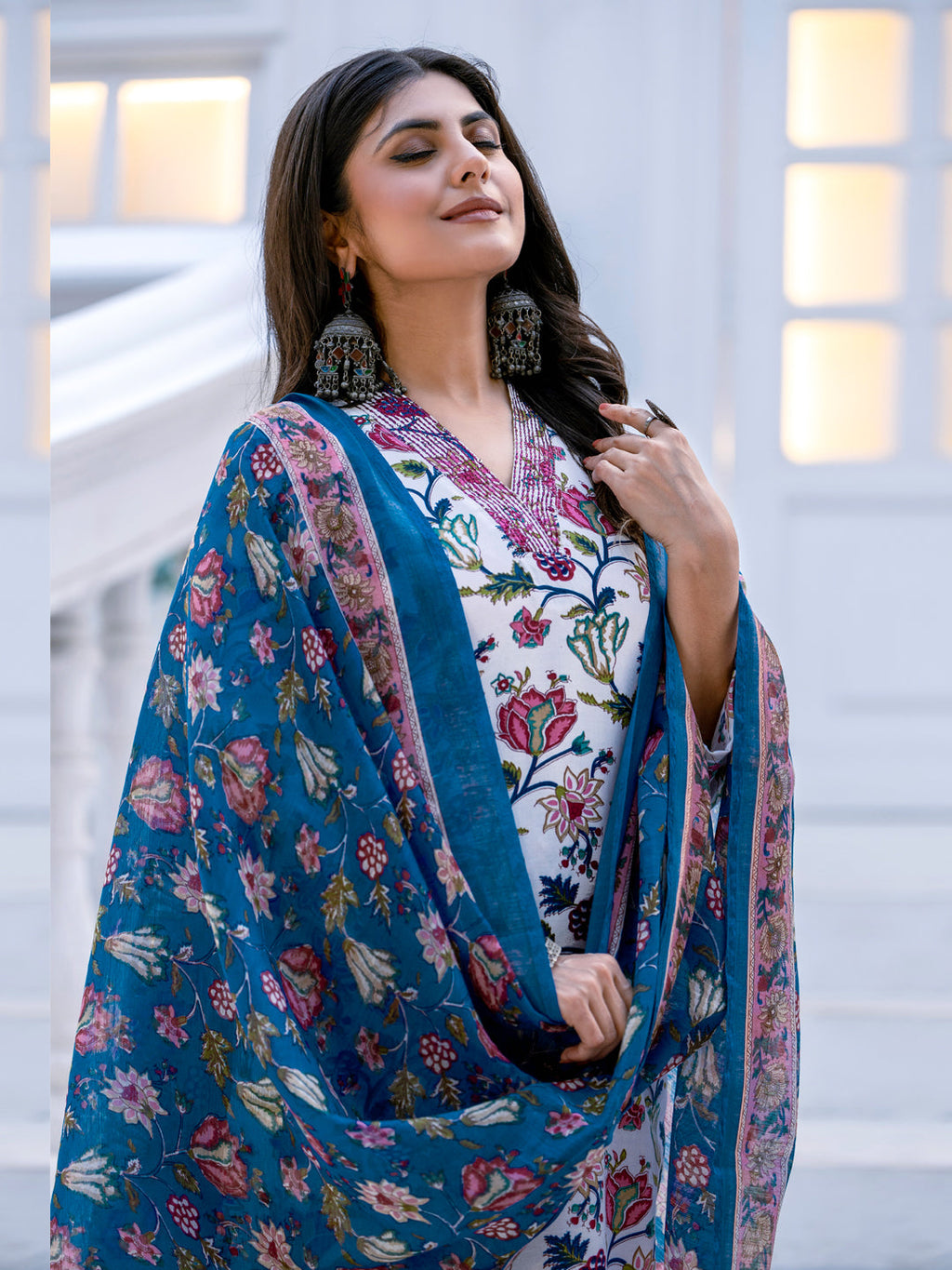Jyoti Fashion Women's White Rayon Print with Thread Designer Kurta Set with Dupatta - Distacart