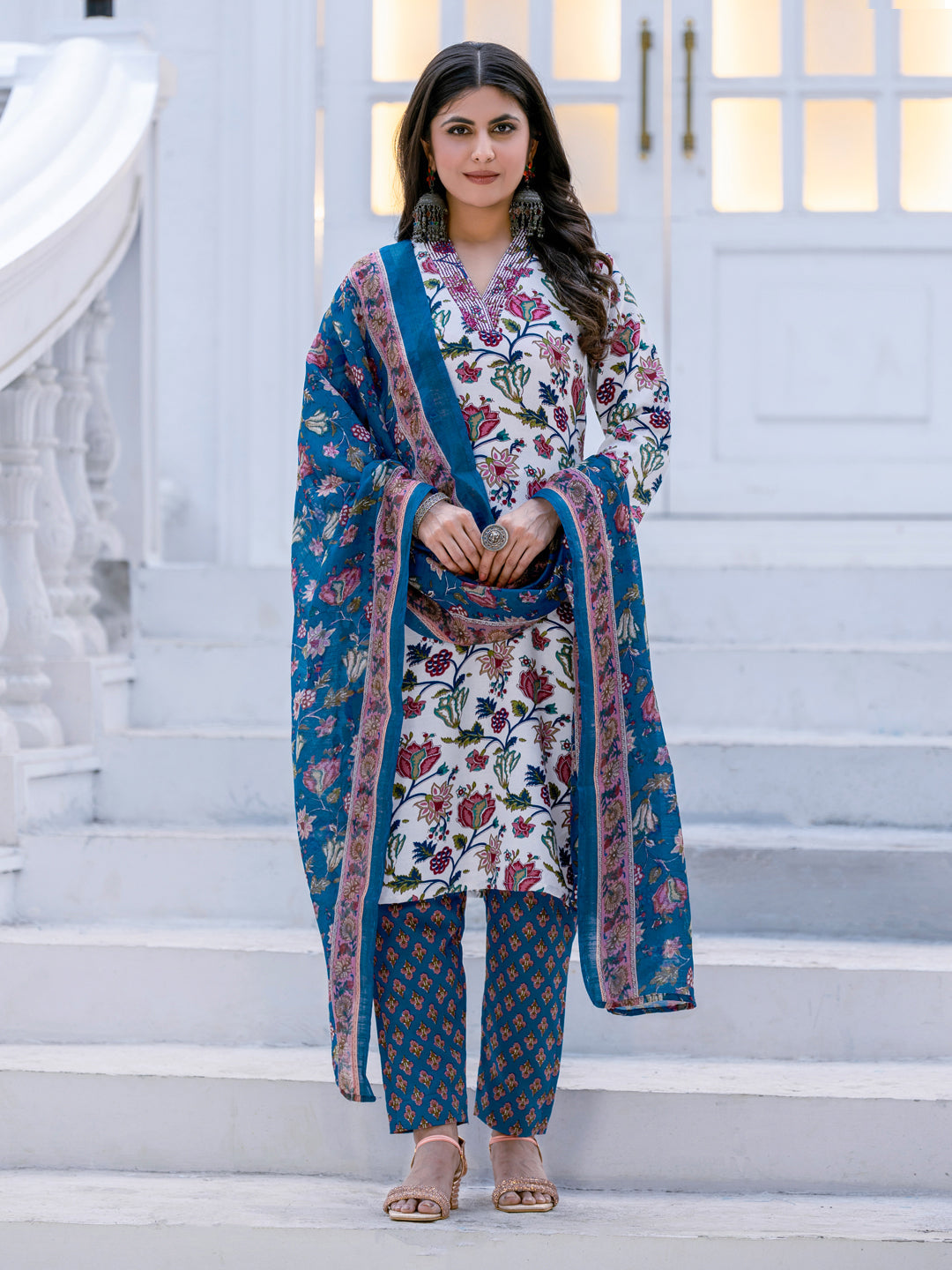 Jyoti Fashion Women's White Rayon Print with Thread Designer Kurta Set with Dupatta - Distacart