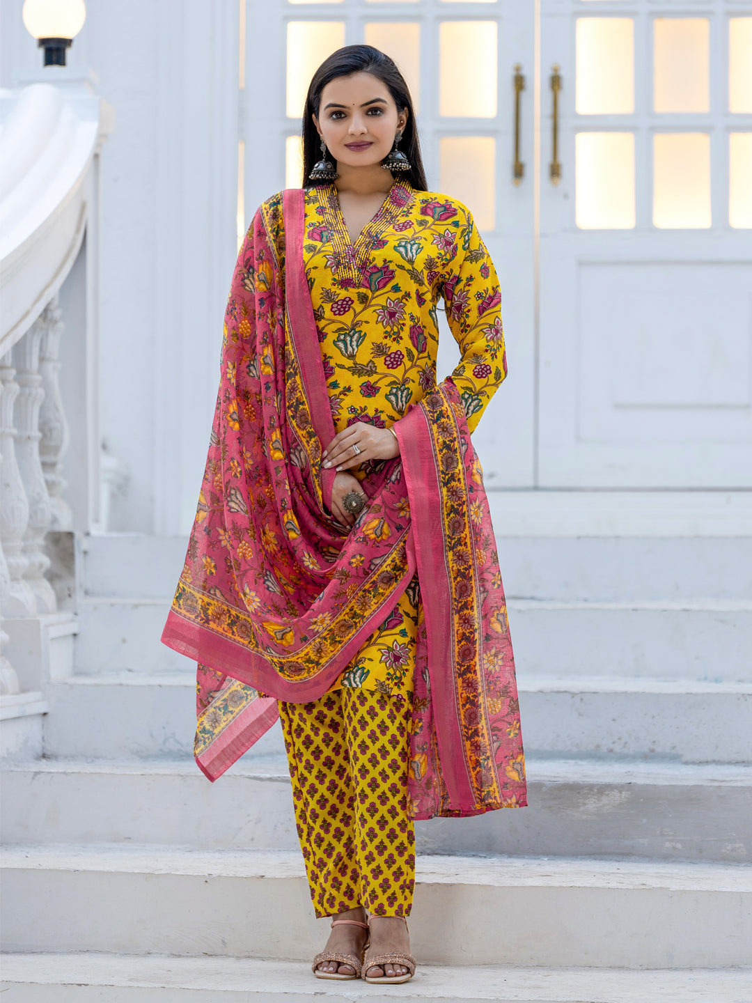 Jyoti Fashion Women's Yellow Rayon Print with Thread Designer Kurta Set with Dupatta - Distacart